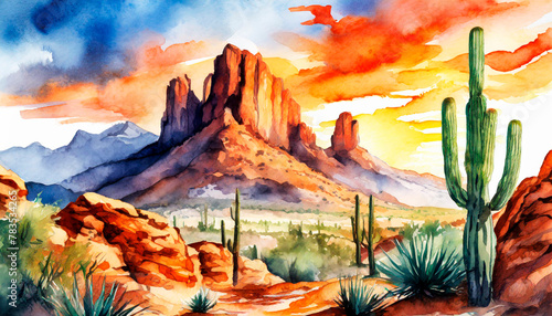 Southwestern Watercolor Desert Saguaro Cactus Mountain Scene