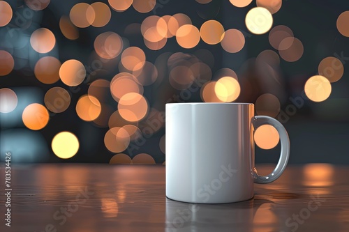 High Resolution 3D Rendering Illustration: White Coffee Mug Mockup on Blurred Background with Bokeh Lights. Perfect for Design Presentation, Print and Social Media Banner Template. No Text on the Cup