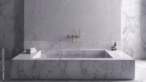 A contemporary marble bathroom featuring a sleek bathtub and minimalist fixtures.