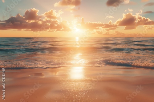 Sandy beach under a golden sunset, wide shot, warm tones, relaxed summer vibe © ItziesDesign