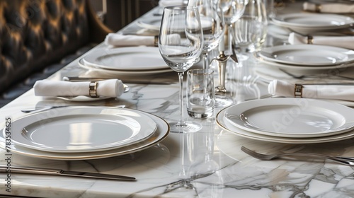 A lavish marble dining table set for an elegant soir?(C)e, radiating sophistication.