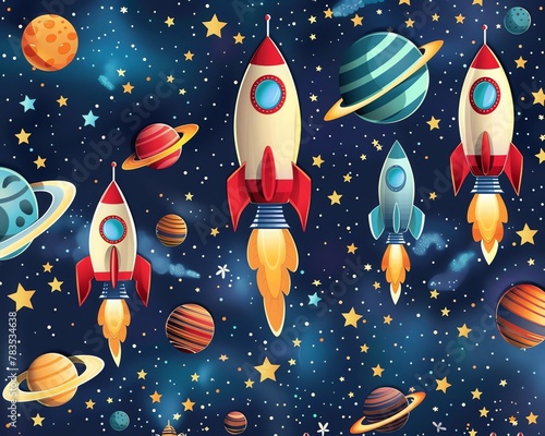 Space exploration wallpaper with rockets, planets, and stars, igniting imagination for a space themed kid s birthday party, suitable for kids