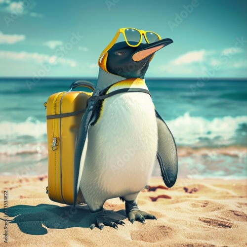 A friendly penguin with a suitcase suggests a fun summer travel concept set against a sunny beach scene