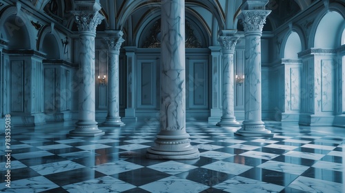 A majestic marble column standing tall amidst an opulent architectural setting.