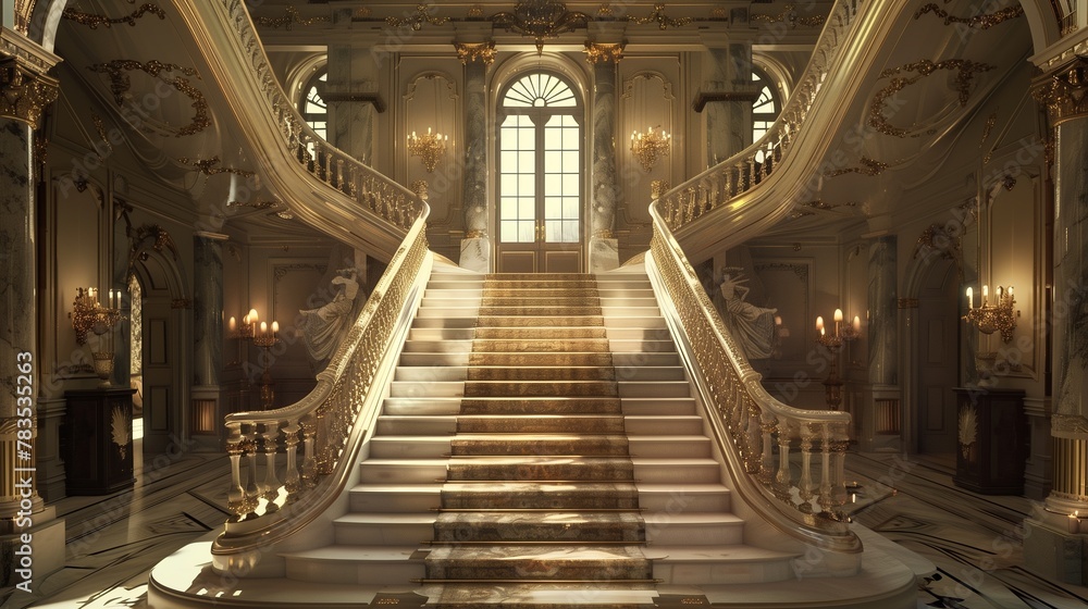 A regal marble staircase with intricate railings, leading to opulent interiors.