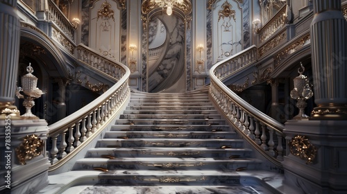 A regal marble staircase with intricate railings, leading to opulent interiors.