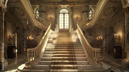 A regal marble staircase with intricate railings  leading to opulent interiors.