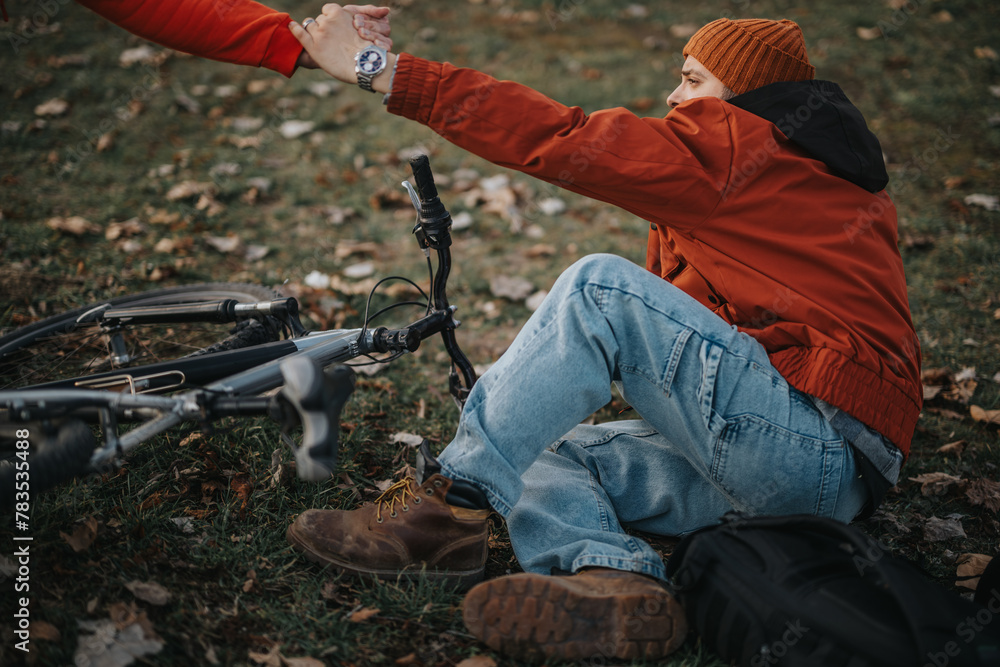 Fototapeta premium Action shot of a young male in hipster attire receiving assistance after taking a tumble from his bike amongst autumn leaves.
