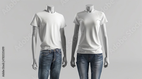 T-shirt mockup, men's mannequin and women's mannequin mockup with jeans and white t-shirts, white wall flowerpot background,3d