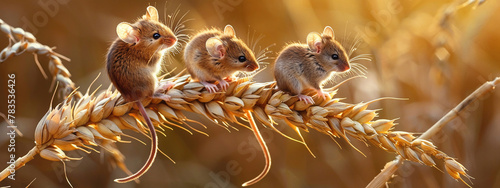 a mouse eats wheat on an ear in the field