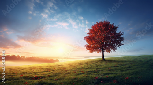 a lonely tree at a fiery sunset in a field