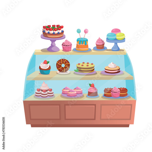 Refrigerator with cakes. Confectionery. Pastry shop interior inside. Cafe or Candy store. Cakes and pastries are on the shelves. Set of holiday cakes and pastries. Happy birthday.Сartoon © NADEZHDA
