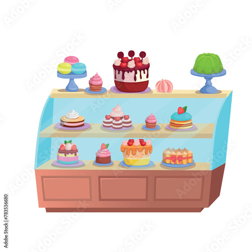 Refrigerator with cakes. Confectionery. Pastry shop interior inside. Cafe or Candy store. Cakes and pastries are on the shelves. Set of holiday cakes and pastries. Happy birthday.Сartoon © NADEZHDA