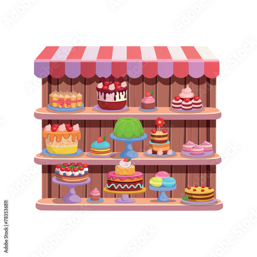Cafe or Candy store. Pastry and cake shop. cakes and pastries are on the shelves. Wooden shelves with canopy elements for the game