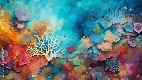 Aerial view of a coral reef, with intricate textures and vibrant colors of the underwater world © Qadeer