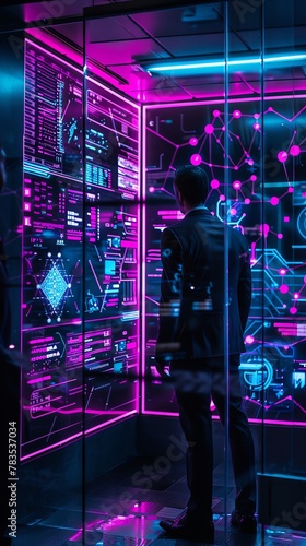 Cyber detective analyzing deep fake videos in a neon-lit office, high-tech screens displaying algorithms and data flow