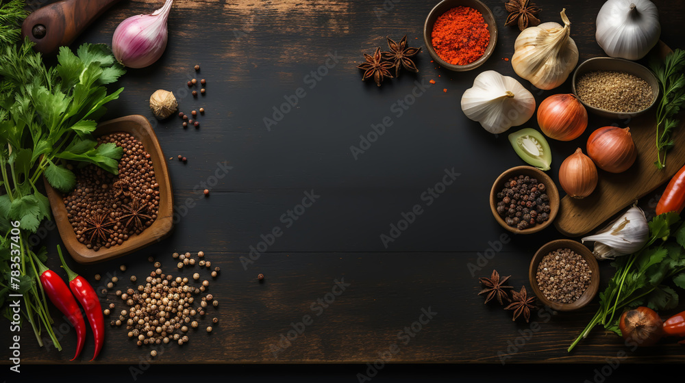 Black stone cooking background. Spices and vegetables. Top view. Free space for your text. Black stone cooking background. Spices and vegetables. Top view. Free space for your text.