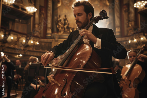 an elegant cellist performing in front of the symphony orchestra, with dramatic lighting and grandeur.