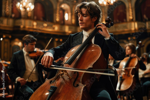 an elegant cellist performing in front of the symphony orchestra, with dramatic lighting and grandeur.