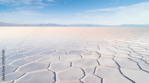 Aerial view of vast salt flats, with geometric patterns formed by natural salt deposits, stretching to the horizon