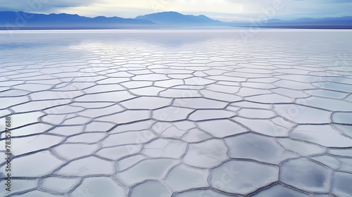 Aerial view of vast salt flats, with geometric patterns formed by natural salt deposits, stretching to the horizon