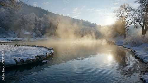 Steam rising off Morning Glory Pool, generative ai photo