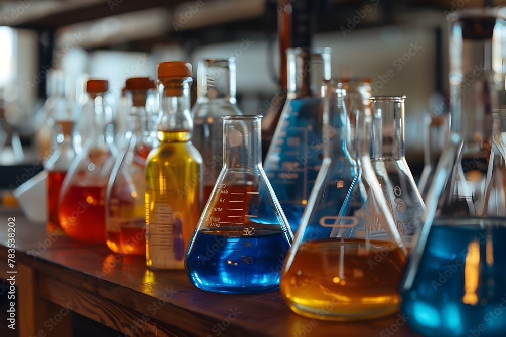 A row of colorful glass beakers filled with various liquids. The colors include blue, green, yellow, and red. Concept of curiosity and scientific exploration A row of colorful glass beakers filled with various liquids. The colors include blue, green, yellow, and red. Concept of curiosity and scientific exploration