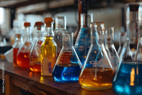 A row of colorful glass beakers filled with various liquids. The colors include blue, green, yellow, and red. Concept of curiosity and scientific exploration