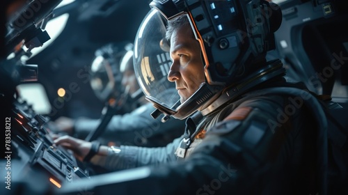 Team of astronauts in a space suits aboard the orbital station. A crew of cosmonauts piloting the spaceship. People in space. Galactic travel and science concept.