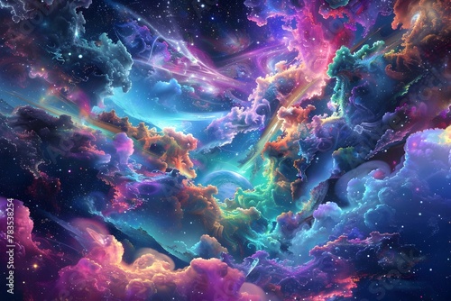 A colorful space scene with many clouds and stars. The colors are bright and vibrant, creating a sense of wonder and awe. The clouds are of various sizes and shapes © Juibo