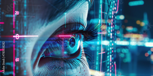 Zoomed view of a human eye with integrated virtual holographic elements for digital ID verification