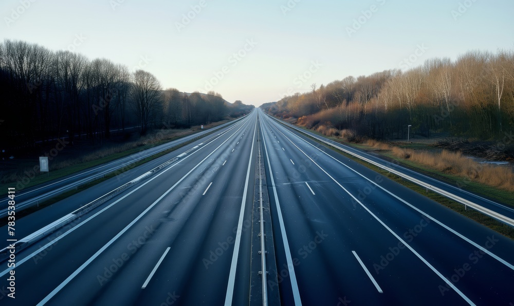 An empty highway or autobahn with no cars on the road, depicting a driving ban scenario