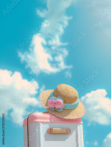 A beautifully staged photo evoking the spirit of summer travel with a hat atop luggage against a sky blue photo