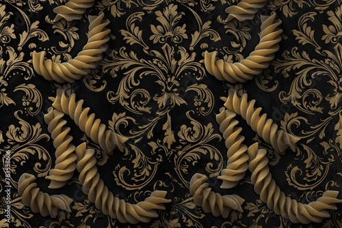 A 2D gothicstyle illustration of macaroni pasta in a dark, intricate victorian lace pattern photo