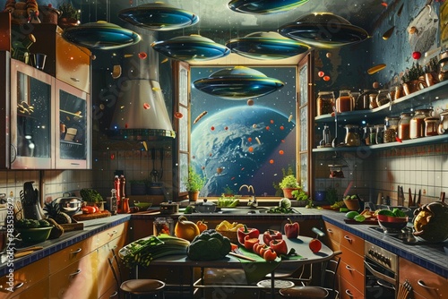 A 2D surrealistic painting of tortellini UFOs abducting ingredients in an Italian kitchen