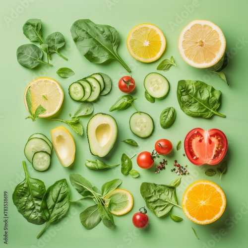 A colorful summer array of fresh fruits and vegetables neatly arranged on a vibrant green background  capturing the essence of a healthy lifestyle and summer freshness