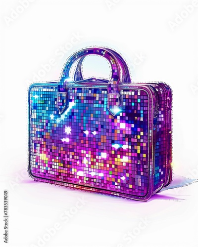 A vector illustration of a bricktextured briefcase covered in sequins, symbolizing a blend of traditional business with modern, sparkling innovation, set against a white background photo