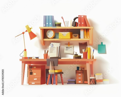 Craft a 2D artwork depicting various office items, with desk lamps adding a touch of illumination against a white background