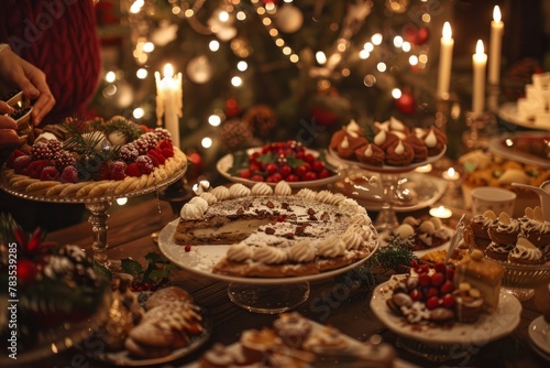 Elegant Spread of Holiday Desserts with Christmas Decorations