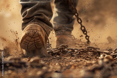 Ground Level View of Boots Stepping Beyond Chains