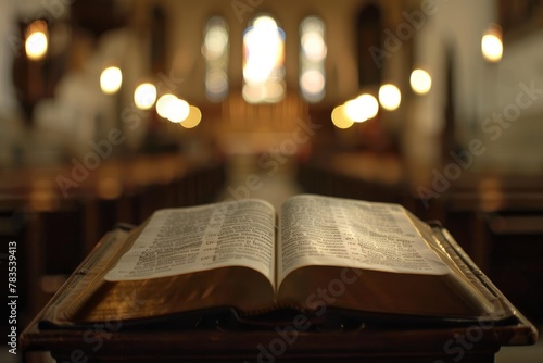 Sacred Bible Opened for Worship in a Tranquil Church Setting