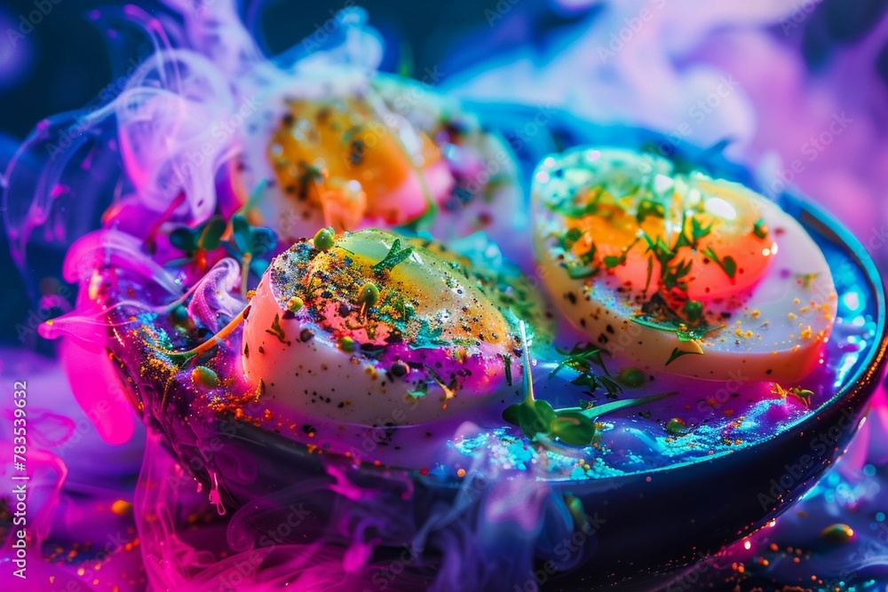 Experiment with ultraviolet photography to showcase the allure of popular American dishes, infused with electric colors for a surreal experience