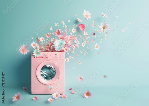 A whimsical depiction of pink flowers bursting from a washing machine, symbolizing summer's erupting beauty