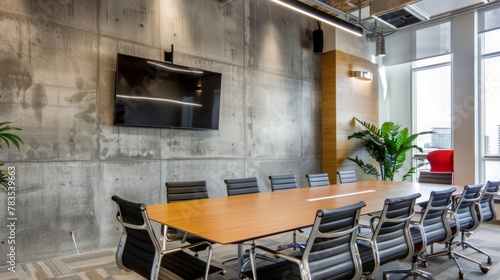 In the conference room the walls are adorned with large fiber cement panels adding a dynamic and industrial feel to the space. The monochromatic panels are accented by pops of bold .