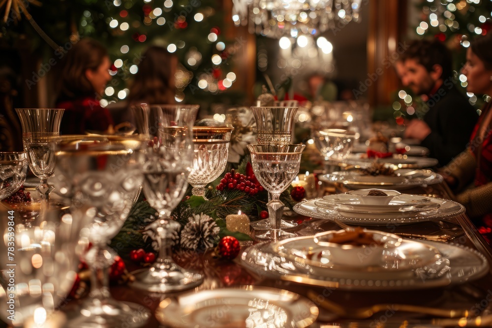 Traditional Christmas Table Setting with Sparkling Accents