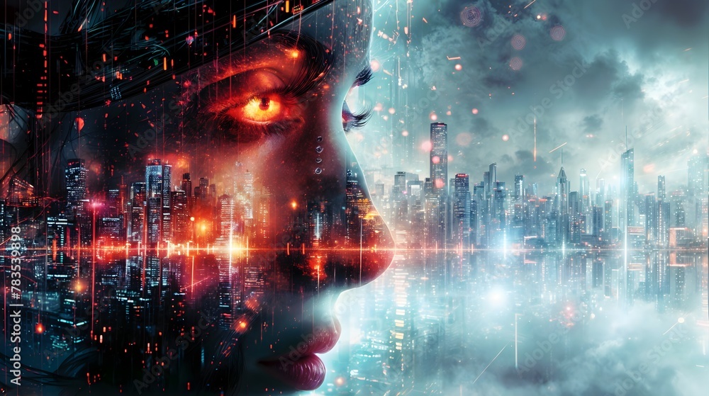 Woman with glowing eyes looks out at a digital cityscape.