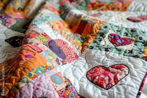 Whimsical patchwork quilt with hearts and fairytale symbols, hiding a secret, on a white base
