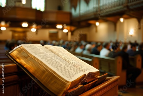 Sacred Bible Laid Open on Wooden Church Pew photo