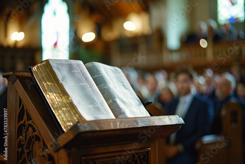 Open Holy Bible on Church Pew During Sermon photo