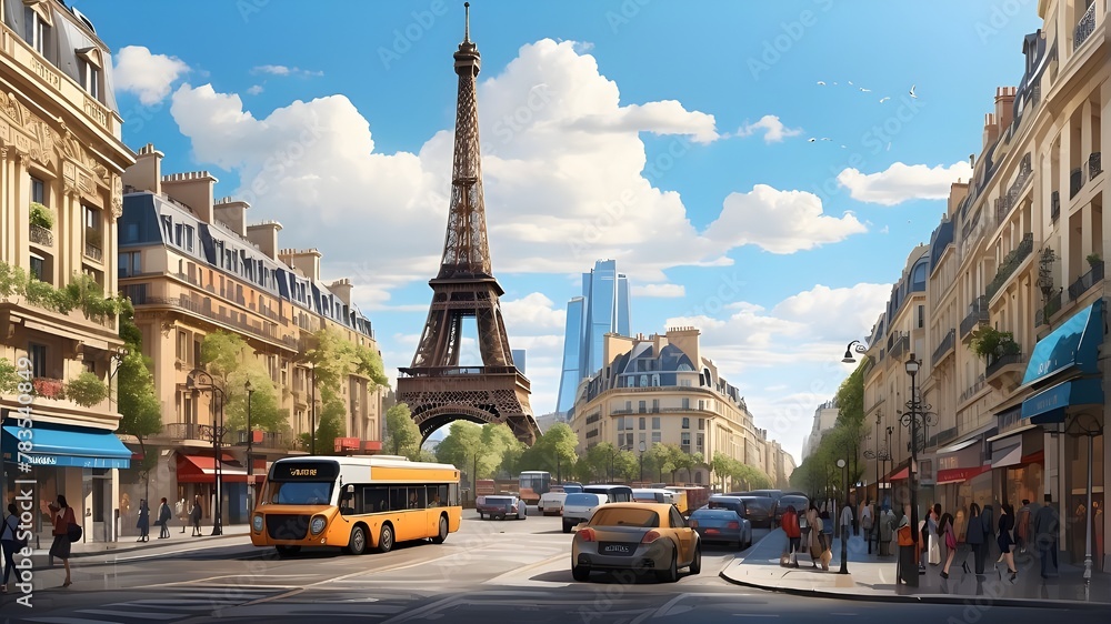 A detailed digital illustration of the Eiffel Tower amidst a bustling city, featuring intricate architectural elements and vibrant street life. The scene should convey the energy and dynamism of Paris - obrazy, fototapety, plakaty 